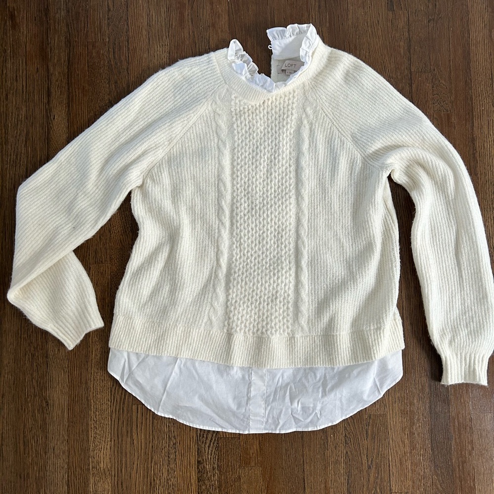 LOFT Cream Sweater with Layered Hem